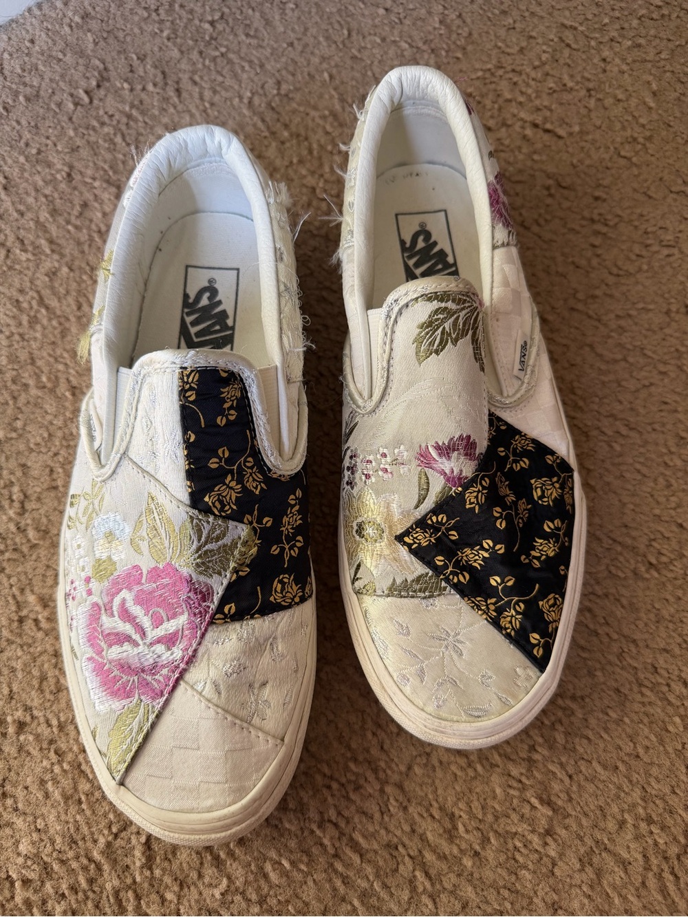Vans White Patchwork Floral Slip-On Sneakers with Black Gold Panels